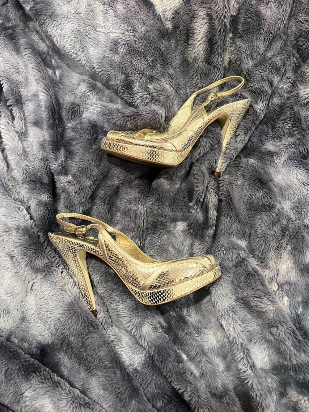 BCBGeneration Metallic Gold Snake-Embossed Slingback Platform Heels